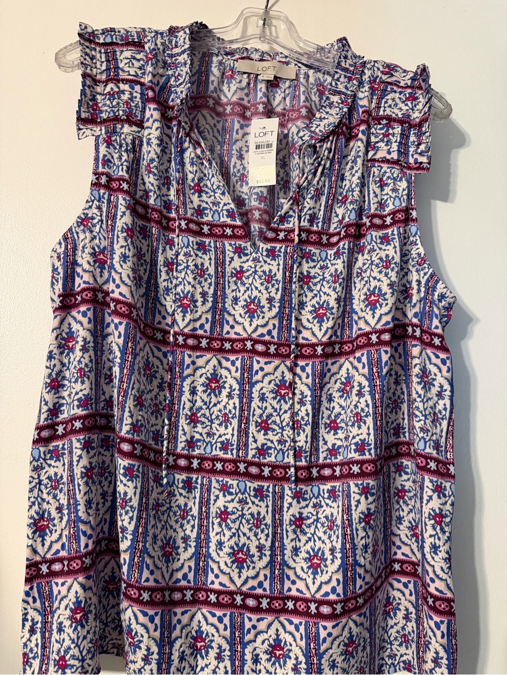 LOFT Blue & Pink Patterned Ruffle Neck Sleeveless Top
